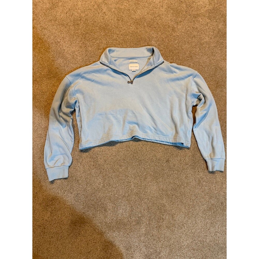 American Eagle Amazingly Soft Womens Quarter Zip Crop Hoodie Light Blue Meddium